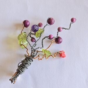 Brooch pin handmade beaded wire wrap bouquet butterfly leaves glass